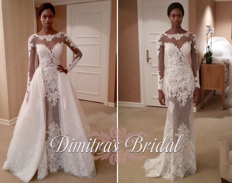 Zuhair murad mia wedding gown with long sleeves and dramatic removable train dimitras bridal boutique chicago
