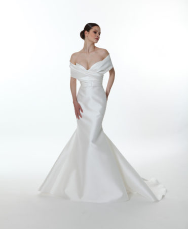 Valentini Spose E0755 wedding dress showing full front view of fit and flare silhouette and pleated off the shoulder straps