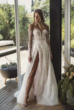lee petra grebenau astra dimitras bridal chicago sequin and bugle bead embellished tulle a line wedding gown with high slit and long sleeve illusion bodysuit