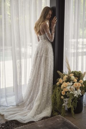 lee petra grebenau astra dimitras bridal chicago sequin and bugle bead embellished tulle a line wedding gown with high slit and long sleeve illusion bodysuit