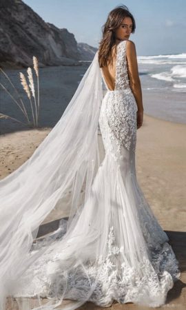 lee petra grebenau devon fit and flare wedding dress dimitras bridal chicago with pearl embellished leaf embroidery on stretch tulle and one shoulder cape