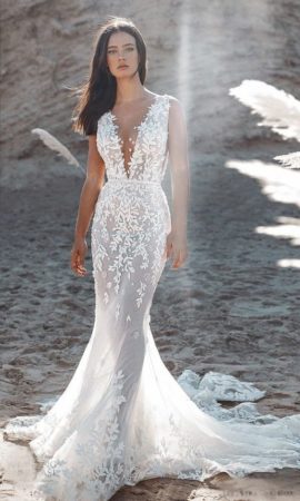 lee petra grebenau devon fit and flare wedding dress dimitras bridal chicago with pearl embellished leaf embroidery on stretch tulle and v neckline