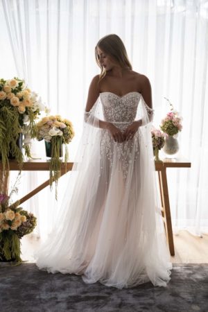 Lee Petra Grebenau Kaia beaded a line wedding dress wtih pearl accents and matching cape dimitras bridal couture