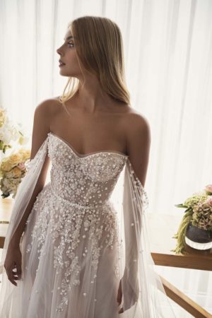 Lee Petra Grebenau Kaia beaded a line wedding dress wtih pearl accents and corset bodice dimitras bridal couture
