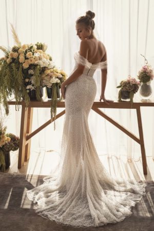 lee petra grebenau kelly dimitras bridal chicago pearl encrusted mermaid wedding gown with low back and off the shoulder tulle straps