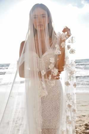 lee petra grebenau kelly dimitras bridal chicago pearl encrusted mermaid wedding gown with low back and off the shoulder tulle straps and matching veil