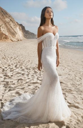 lee petra grebenau kelly dimitras bridal chicago pearl encrusted mermaid wedding gown with off the shoulder tulle straps