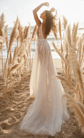 lee petra grebenau lola v back tulle a line wedding dress with leaf embroidery and pearl details dimitras bridal chicago