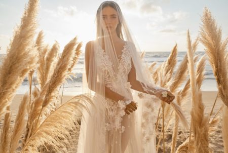 lee petra grebenau lola v back tulle a line wedding dress with leaf embroidery and pearl details dimitras bridal chicago