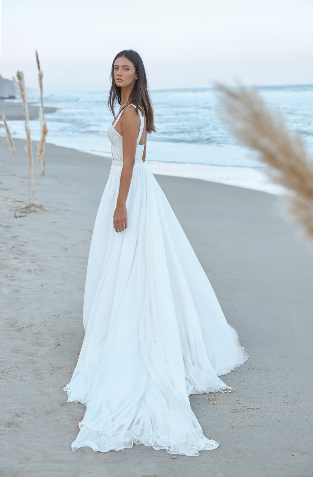lee petra grebenau reef draped silk chiffon wedding dress with corset bodice and straps dimitras bridal chicago