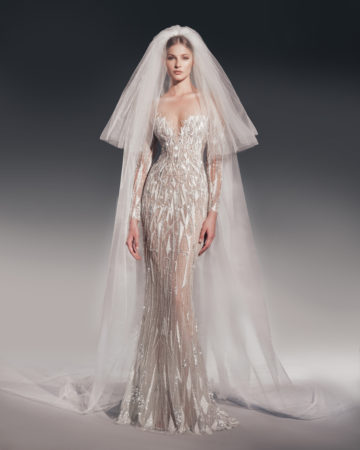 Zuhair Murad fall 2022 karoline wedding dress at dimitras bridal chicago featuring long sleeve beaded tulle sheath wedding dress with matching veil