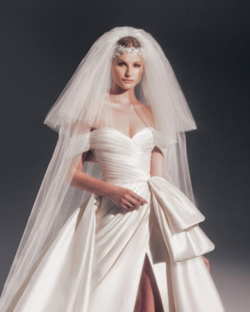 Zuhair Murad fall 2022 katya wedding dress at dimitras bridal chicago featuring a pleated mikado off the shoulder wedding gown with high slit, bow detail, and matching veil