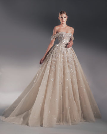 Zuhair Murad fall 2022 kay wedding dress at dimitras bridal chicago featuring an off the shoulder sweetheart beaded tulle ballgown wedding dress with corset bodice