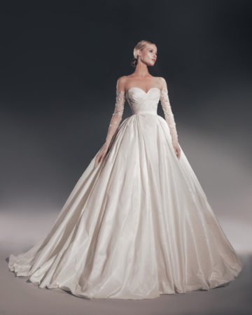 Zuhair Murad fall 2022 kendell wedding dress at dimitras bridal chicago featuring a strapless sweetheart ruched taffeta ball gown with beaded illusion gloves