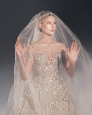 Zuhair Murad fall 2022 kiara wedding dress at dimitras bridal chicago featuring a beaded tulle ballgown wedding dress with corset bodice, matching veil and cap sleeves