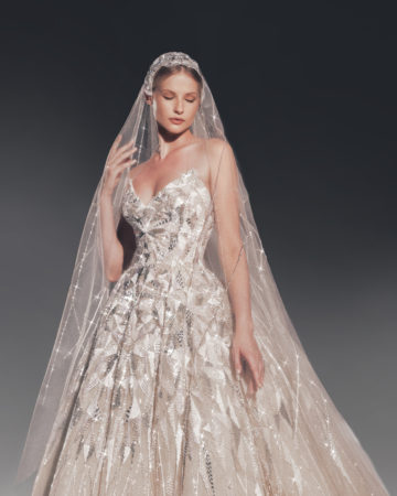 Zuhair Murad fall 2022 kim wedding dress at dimitras bridal chicago featuring a strapless sweetheart beaded tulle ballgown wedding dress with corset bodice and matching veil