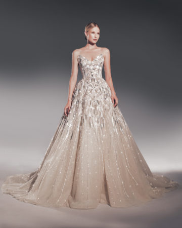 Zuhair Murad fall 2022 kim wedding dress at dimitras bridal chicago featuring a strapless sweetheart beaded tulle ballgown wedding dress with corset bodice