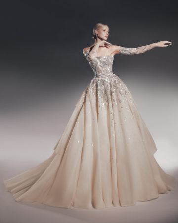 Zuhair Murad fall 2022 kloe wedding dress at dimitras bridal chicago featuring a strapless beaded tulle a-line wedding dress with matcing gloves