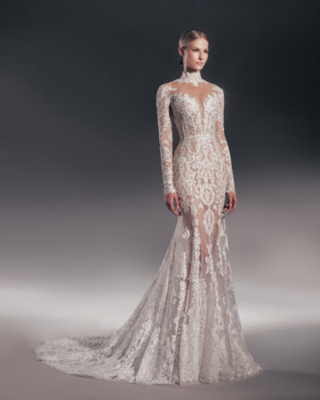 Zuhair Murad fall 2022 kylie wedding dress at dimitras bridal chicago featuring a long sleeve high neck lace mermaid wedding dress