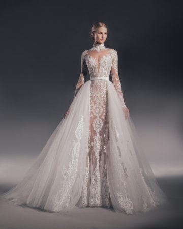 Zuhair Murad fall 2022 kylie wedding dress at dimitras bridal chicago featuring a long sleeve high neck lace mermaid wedding dress with matching overskirt