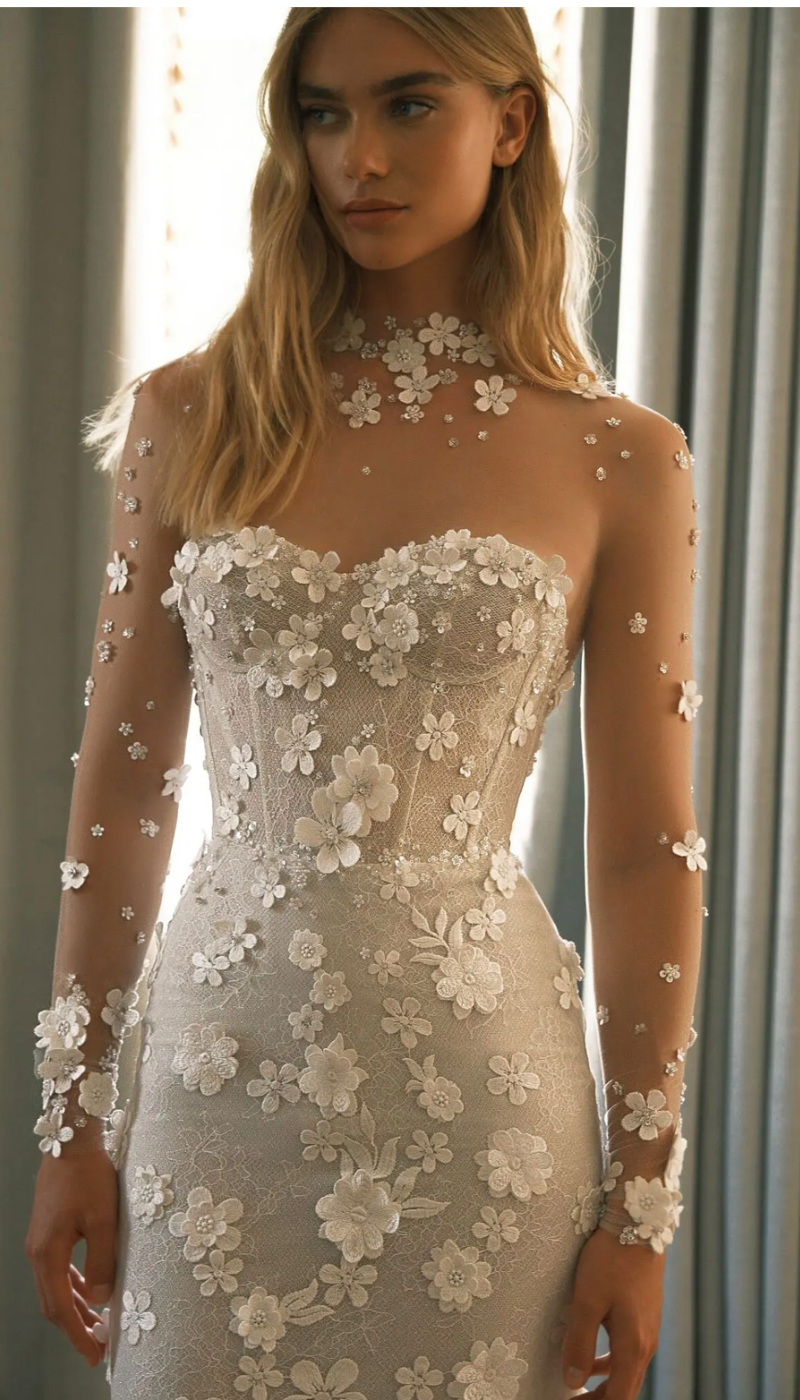fitted mermaid wedding gown with 3d floral appliques and sheer sleeves by lee petra grebenau