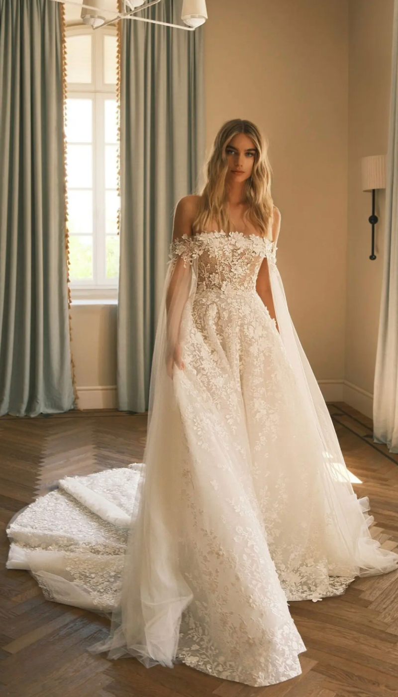 whimsical off the shoulder wedding gown by lee petra grebenau