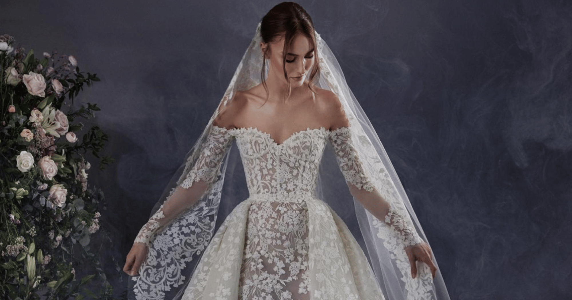 zuhair murad off the shoulder gown with matching veil
