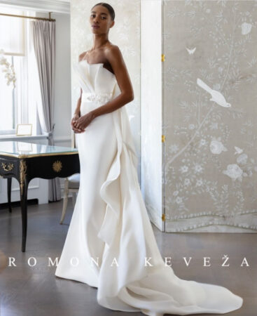 romona keveza strapless draped crepe wedding gown