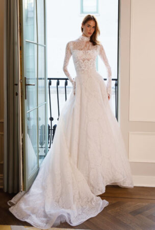 high neck and long sleeve lace wedding gown by jaclyn whyte with removable skirt
