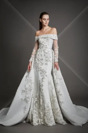 satin and beaded off the shoulder wedding gown by stephen yearick
