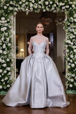 nardos silk mikado ball gown with sheer removable long sleeve topper