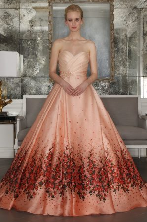 Spring-2017-dimitras-bridal-couture-chicago-RK7411-ombre-peach-printed-organza-wedding-dress-with-pleated-strapless-sweetheart-neckline