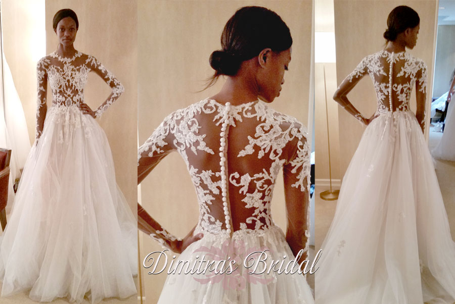 Zuhair Murad Marine wedding gown long sleeve illusion and lace bodice and a line skirt dimitras bridal couture chicago