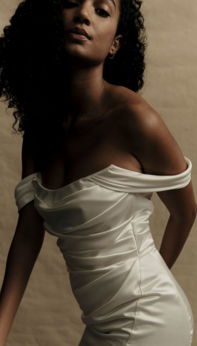 Nouvelle Amsale off-the-shoulder draped satin wedding gown
