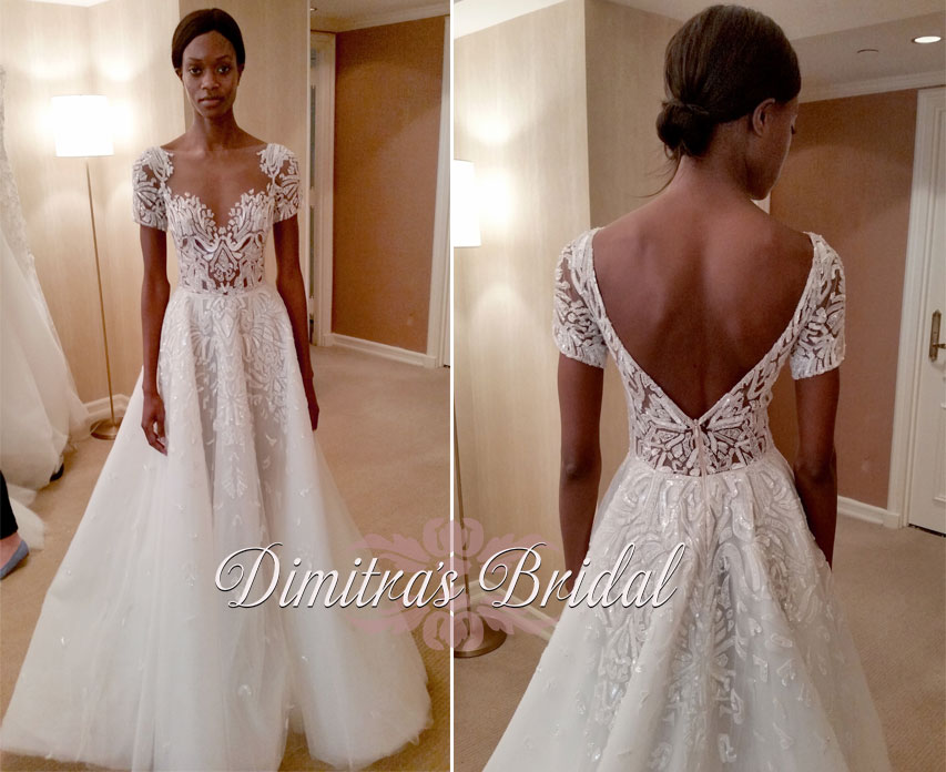zuhair murad macy bridal gown soft A Line with architectural beadwork and sleeves dimitras bridal chicago